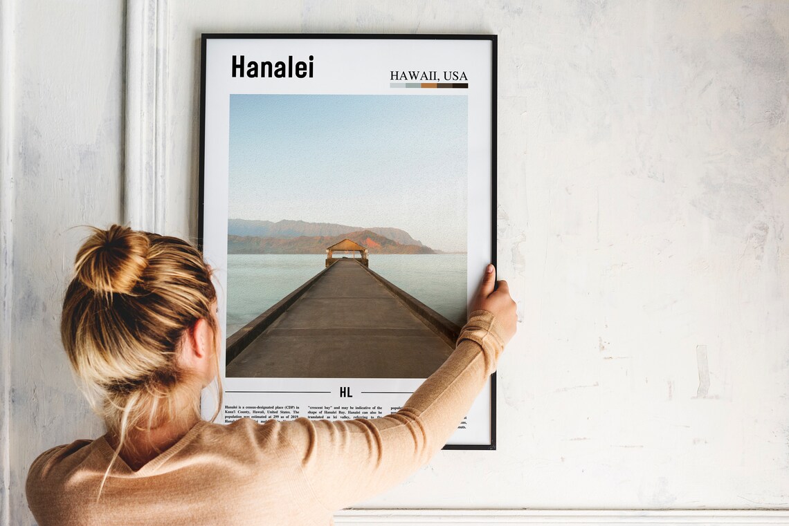 Hanalei Hawaii Pier Over Bay Mountain Photo Travel Tropical Poster - Image 2