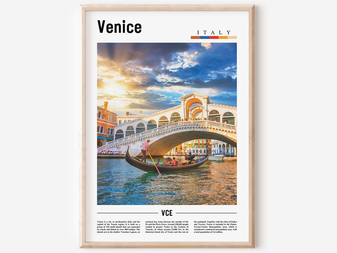 Venice Italy Minimal Travel Poster Rialto Bridge Gondola Sunset Photo