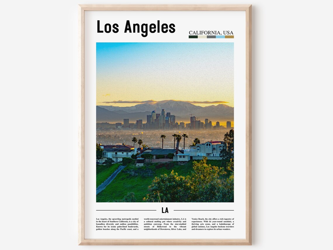 Los Angeles Skyline Golden Sunset Mountain View City Travel Poster