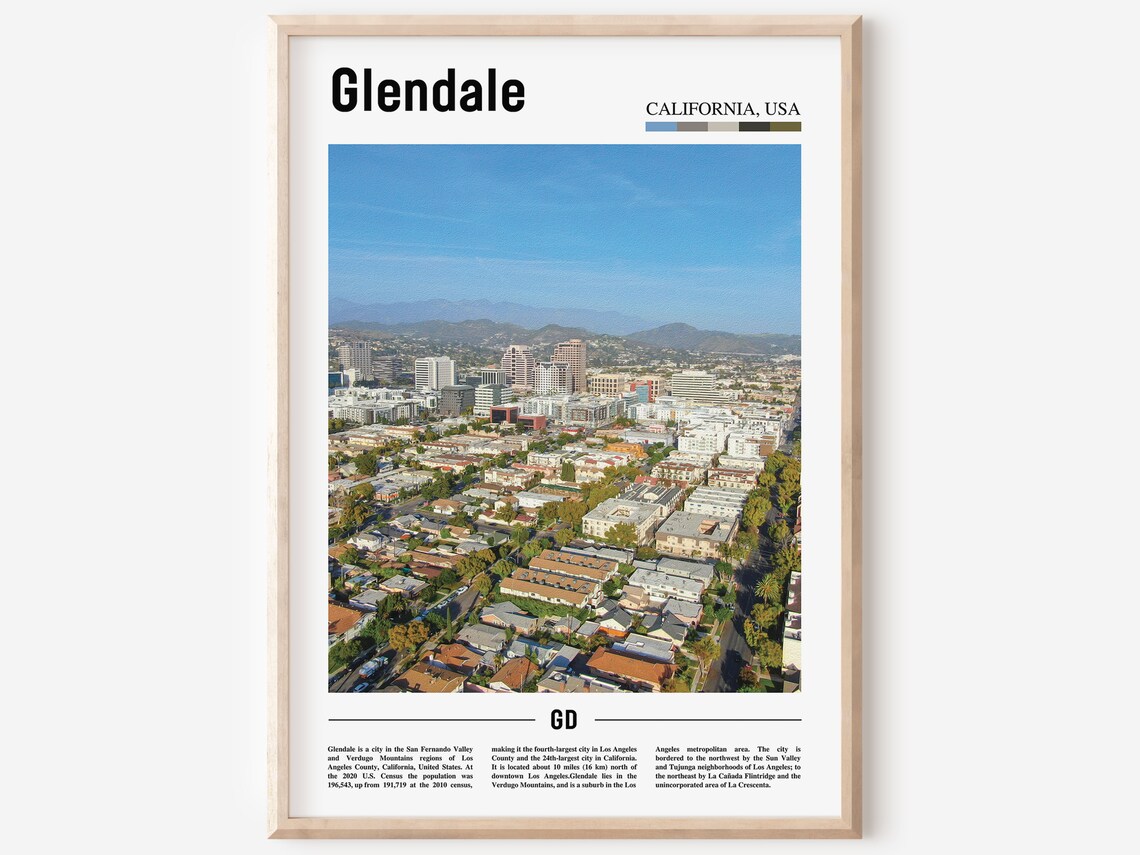 Glendale California Cityscape Aerial Downtown Hills Travel Poster