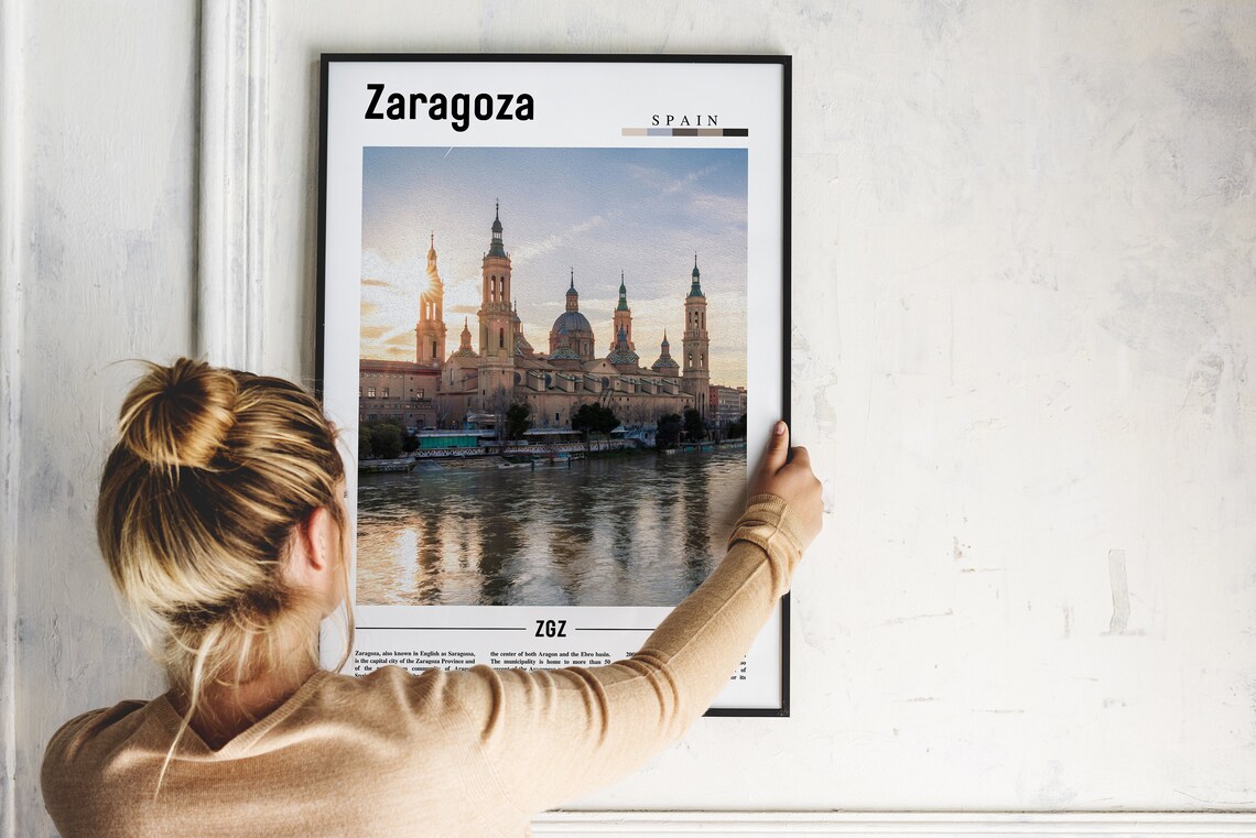 Zaragoza Spain Basilica Cathedral Riverside Sunset Travel Poster - Image 2