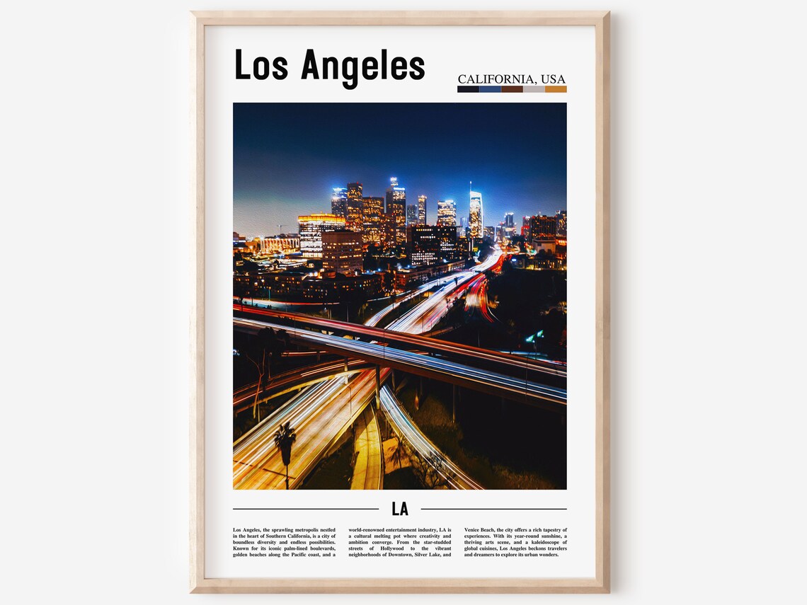 Los Angeles Downtown Skyline Night Freeway Lights Travel Art Poster