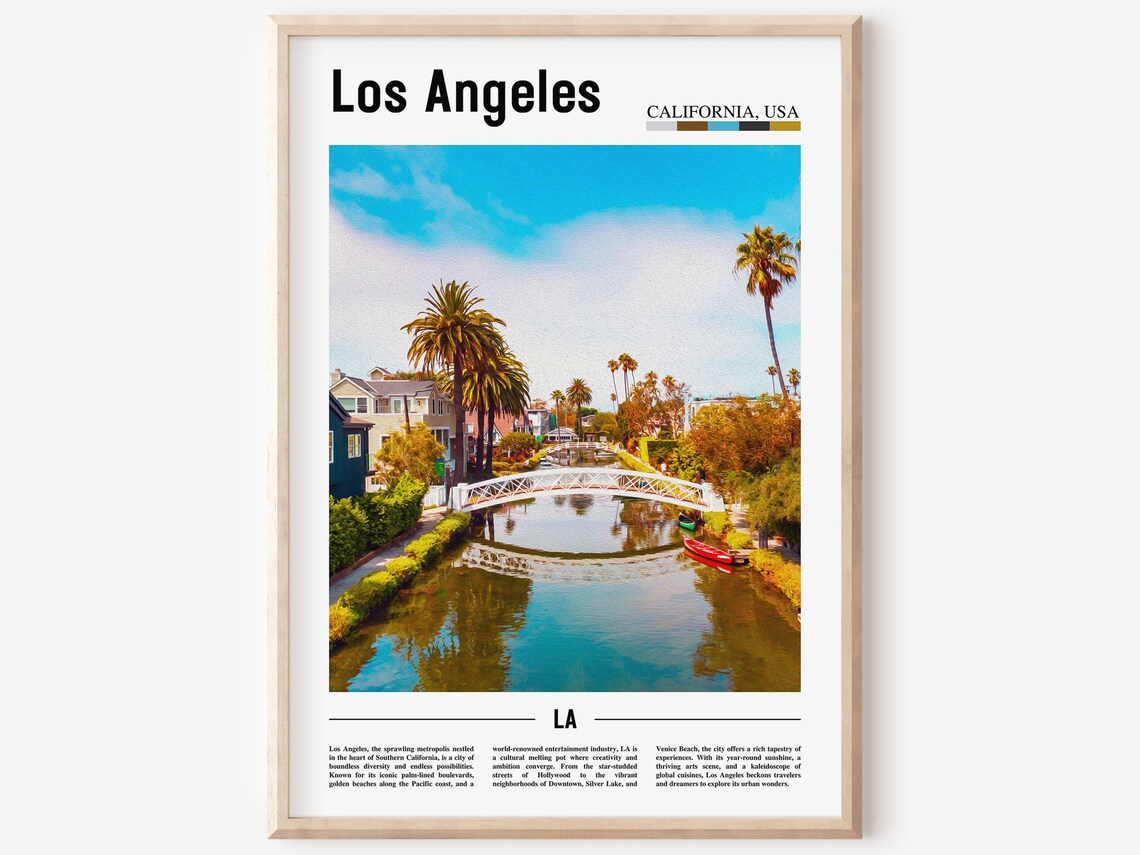 Los Angeles Venice Canals Footbridge Palm Trees Travel Art Poster