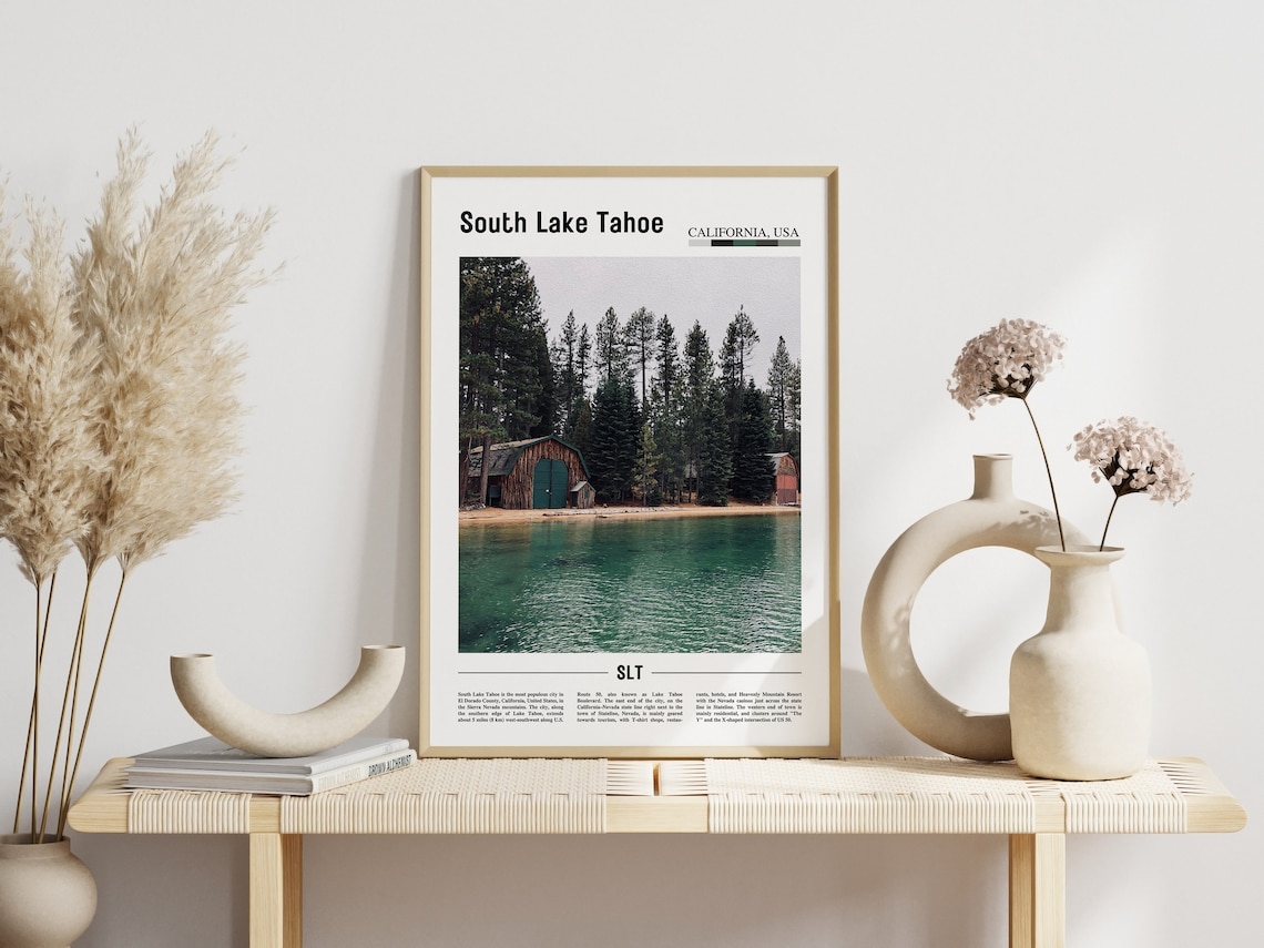 South Lake Tahoe California Boathouse Lake Pines Minimal Travel Poster - Image 3