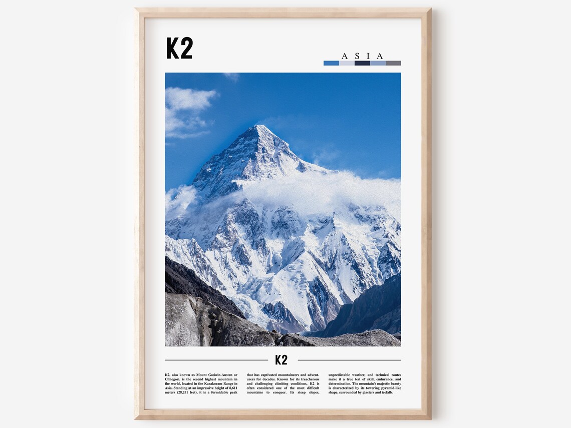 K2 Mountain Asia Travel Poster Snow Capped Karakoram Peak Photo