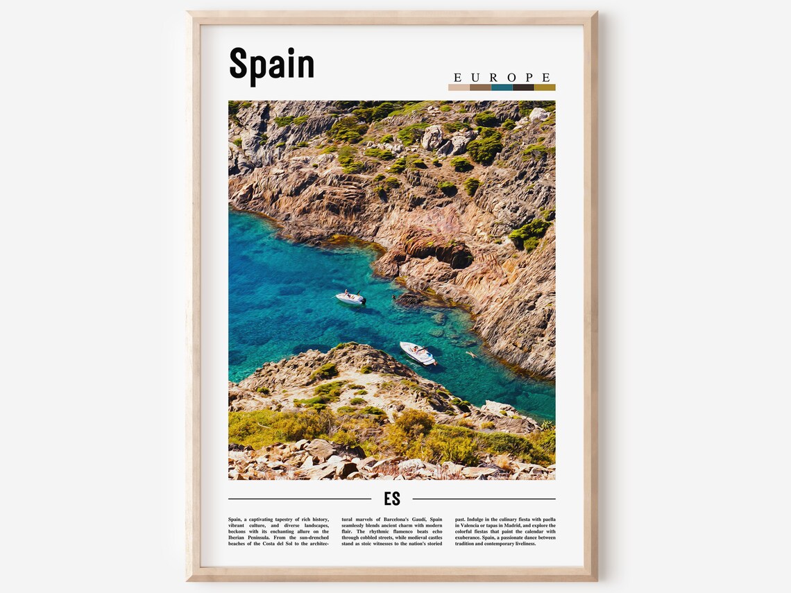 Spain Europe Rocky Turquoise Cove Boats Minimalist Travel Poster