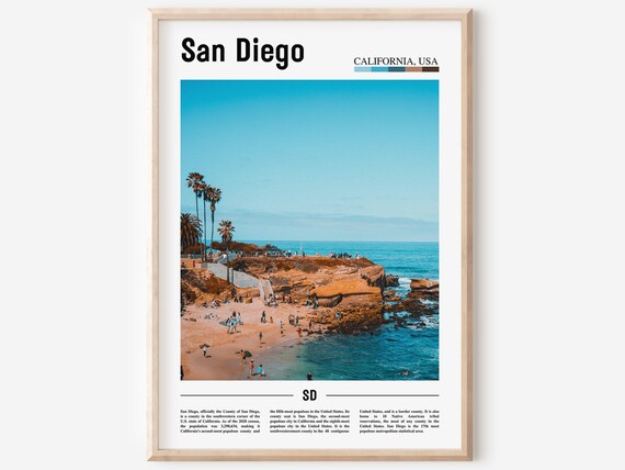 San Diego California Coast Beach Cliffs Palm Trees Travel Art Poster