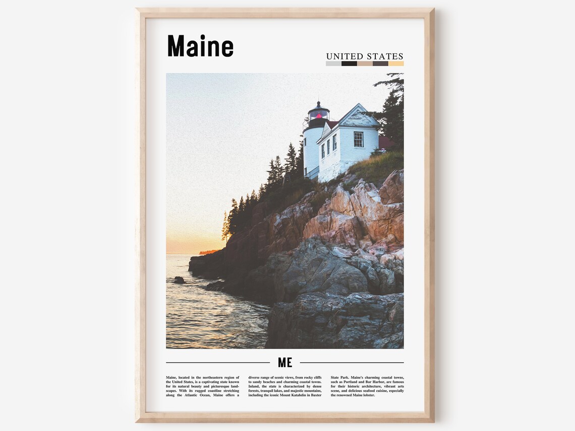 Maine Lighthouse Sunset Rocky Coast Color Coastal Travel Poster