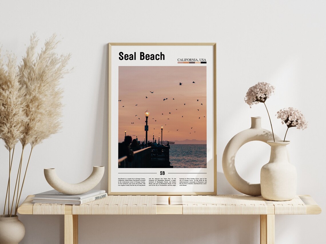 Seal Beach California Pier Sunset Seagulls Minimal Travel Photo Poster - Image 3