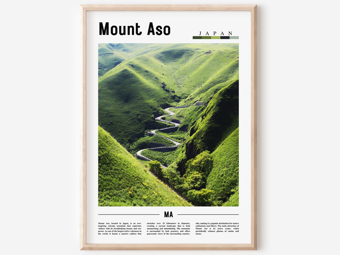 Mount Aso Japan Winding Road Green Hills Nature Travel Poster