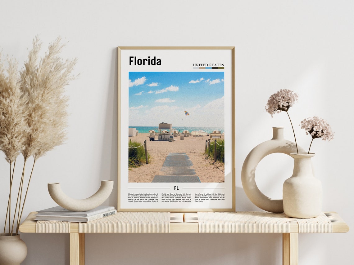 Florida Beach Boardwalk Poster Sunny Shore Umbrellas Parasail Travel - Image 3