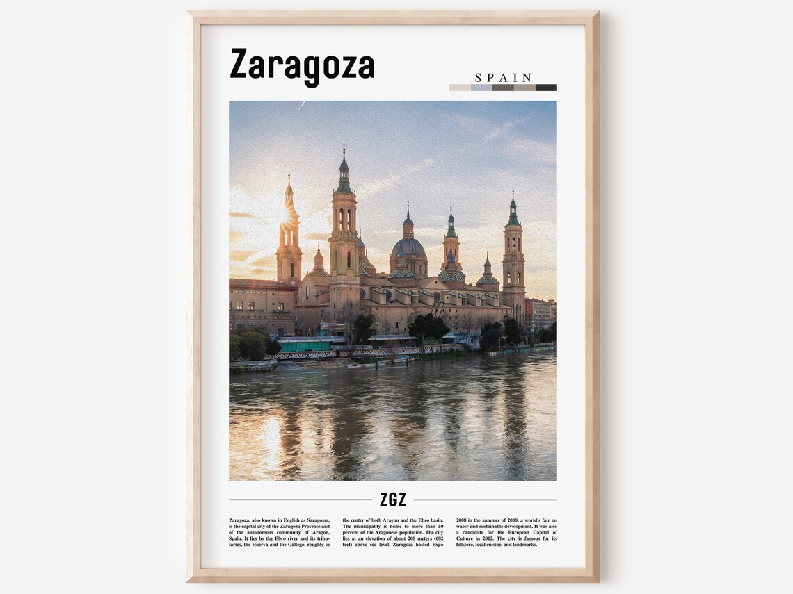 Zaragoza Spain Basilica Cathedral Riverside Sunset Travel Poster