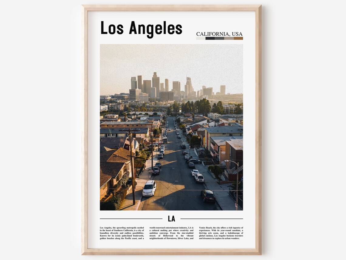 Los Angeles Downtown Sunset Skyline Panorama Travel Photo Poster