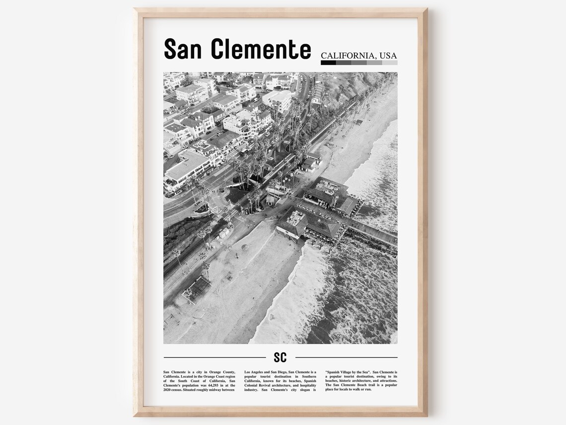 San Clemente California Black and White Aerial Beach Pier Photo Poster