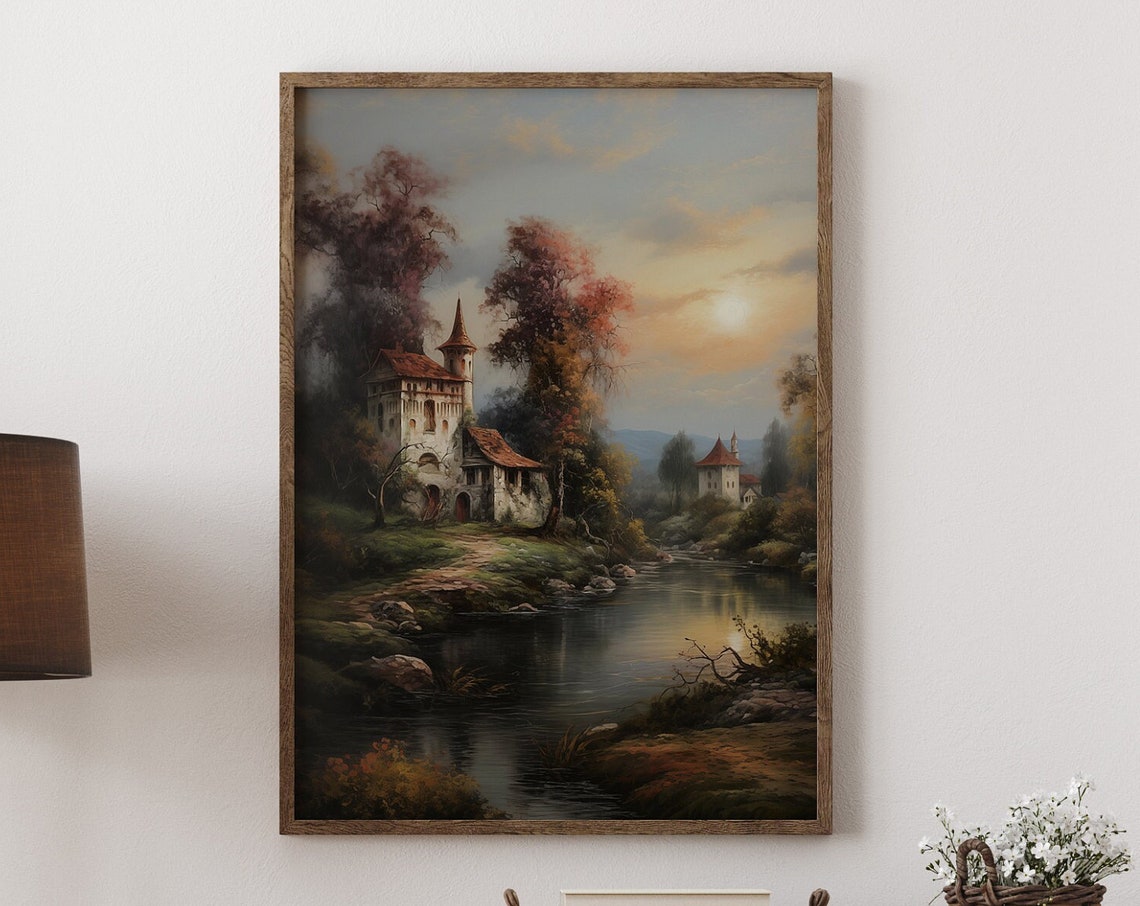 Rustic European Village Print Vintage Living Room Art Farmhouse Wall Decor European Landscape Oil Painting Nature Gifts Optional Frame - Image 2