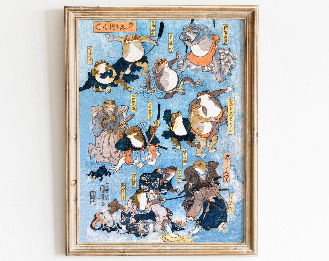 Kuniyoshi Frog Warriors Samurai Toads Japanese Woodblock Humor Poster