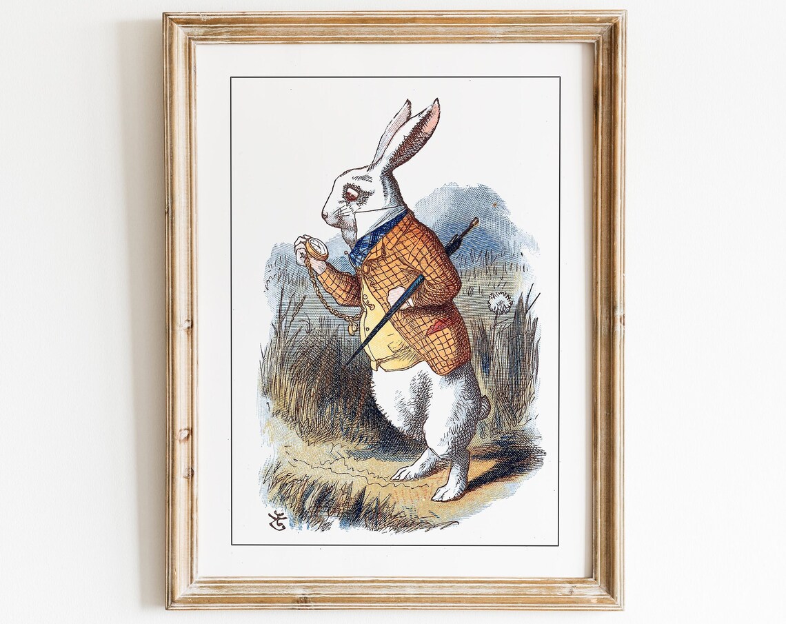 White Rabbit Pocket Watch Alice in Wonderland Tenniel Illustration Print