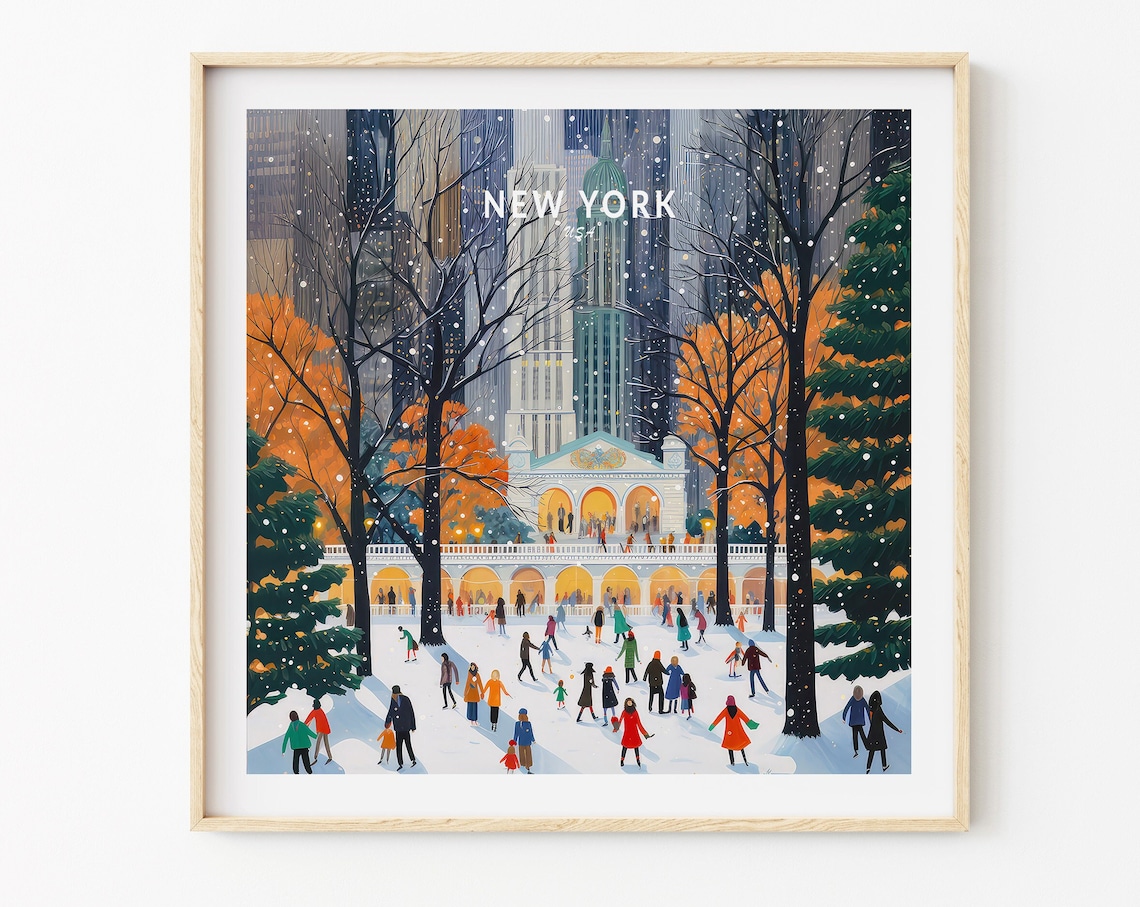 New York City Winter Ice Skating Snow Park Square Travel Poster
