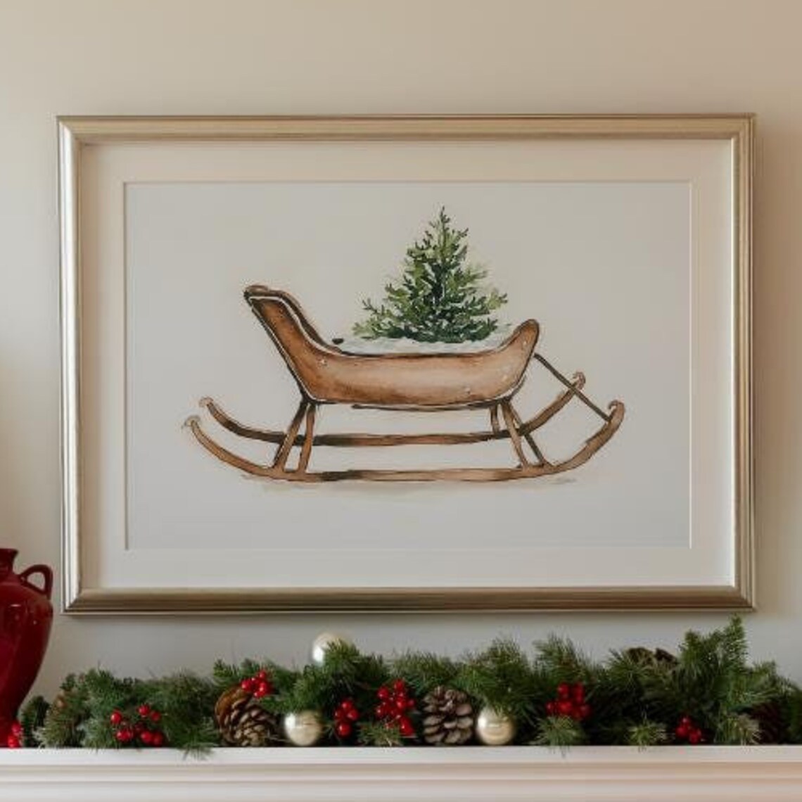 Wooden Sled Carrying Small Christmas Tree Watercolor Art Poster - Image 3