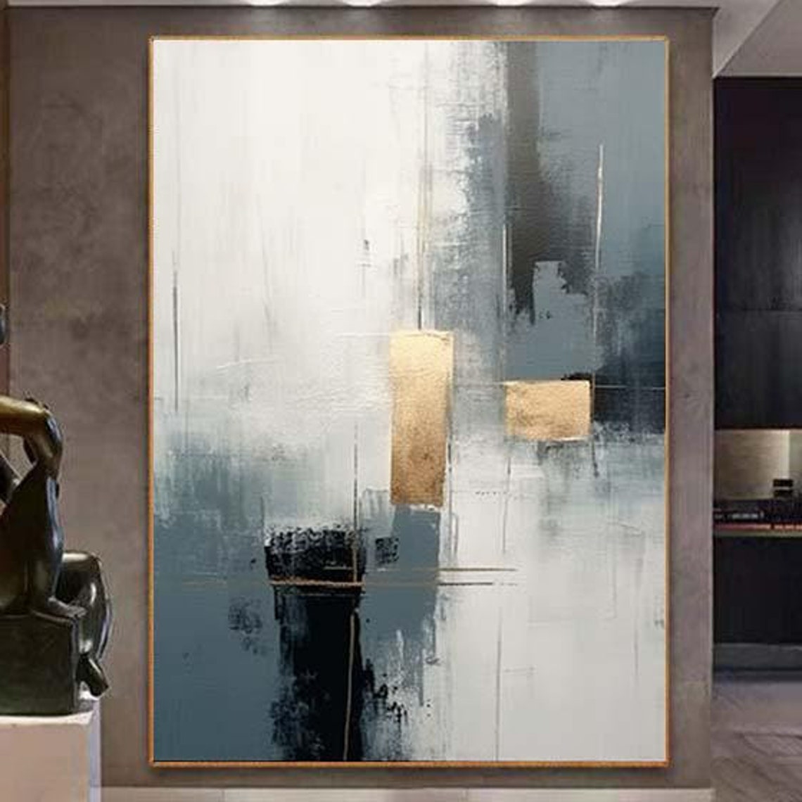 Minimalist Grey White Abstract Painting with Gold Accent Blocks Poster