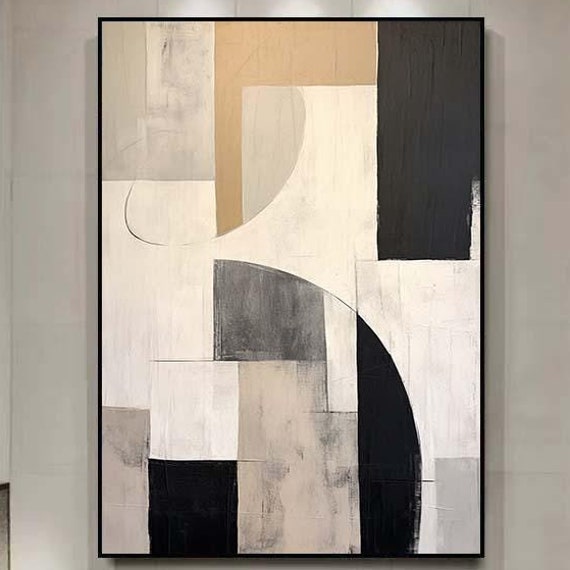Beige And Black Minimalist Wall Art Large Creamy Beige Abstract Geometric Oil Painting Modern Contemporary Living Room Wall Decor