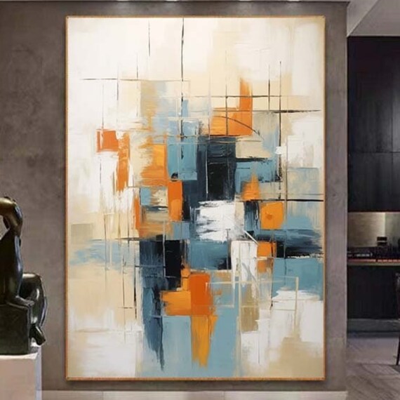 Large Abstract Painting Original Yellow Textured Art Blue Abstract Painting Minimalist Abstract Painting Yellow Oil Painting On