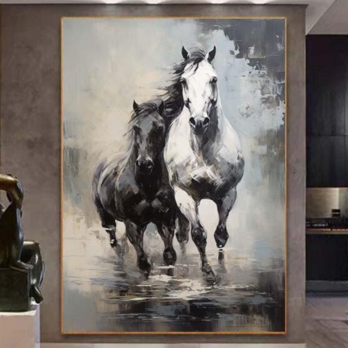 Black White Horses Running Monochrome Equine Gallop Art Poster