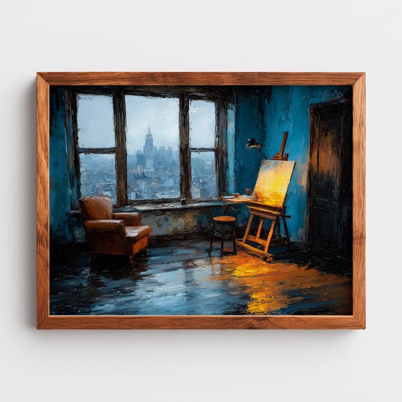 Cityscape Studio View Impressionist Oil Painting Cozy Art Decor Rustic Night Scene With Easel Urban Wall 196