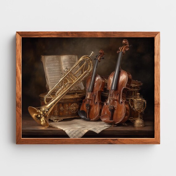 Vintage Instruments Still Life Poster Trumpet Violins Music Room Art