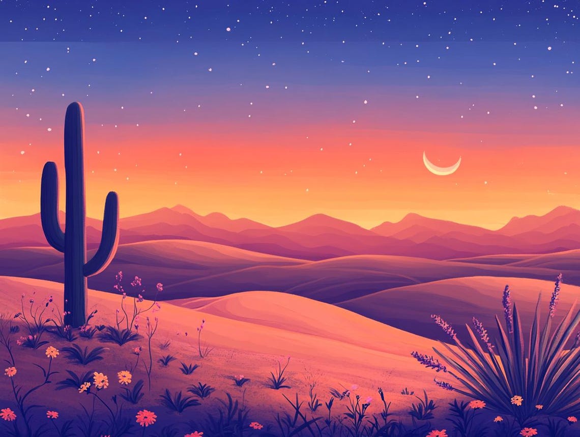 Desert Dreamscape Sunset Cactus Dunes Crescent Moon Starry Poster - Image 2