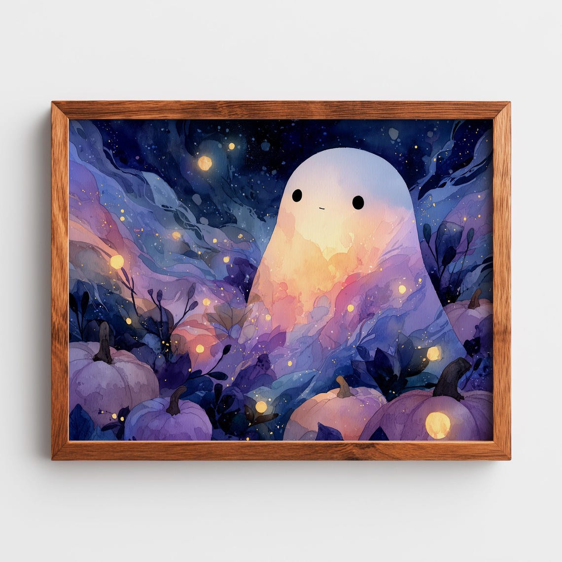 Cute Ghost Among Pumpkins Poster Watercolor Halloween Night Art