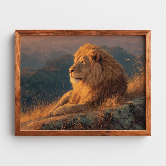 Majestic Lion In Golden Sunset Rustic Wildlife Art Earthy Painting Regal Animal Portrait Wall Decor Glory 44