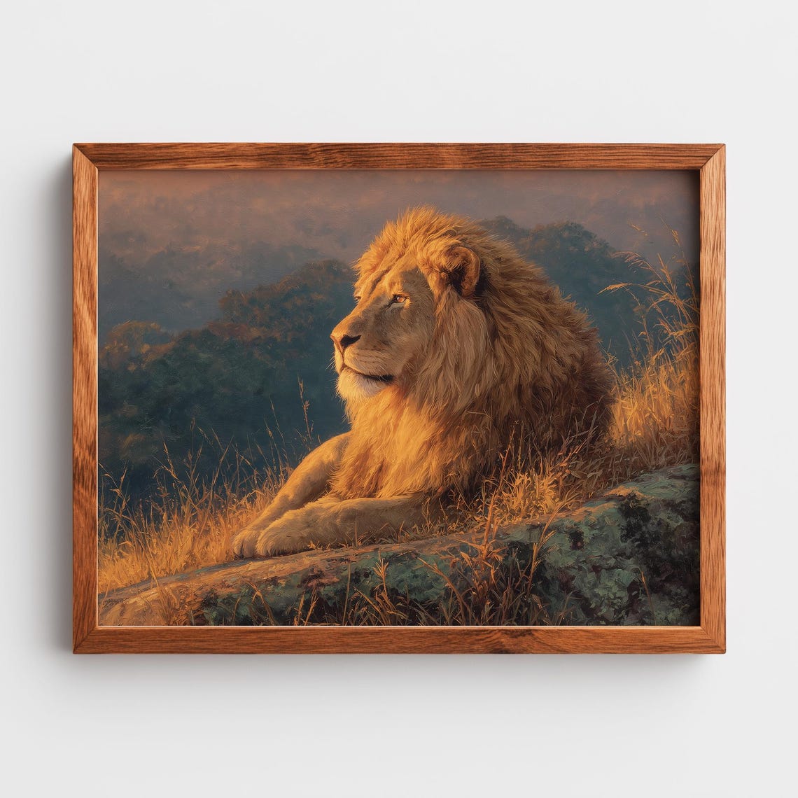 Golden Lion Resting on Rock Sunset Safari Wildlife Painting Poster
