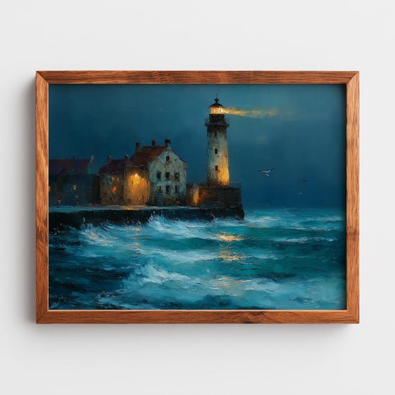 Moody Lighthouse Oil Painting Vintage Nautical Wall Art Ocean Waves Scene Coastal Home Decor Seascape 204