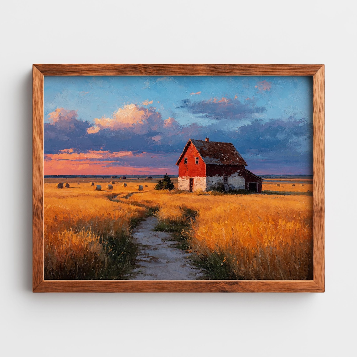 Red Barn Golden Wheat Field Harvest Sunset Oil Painting Poster