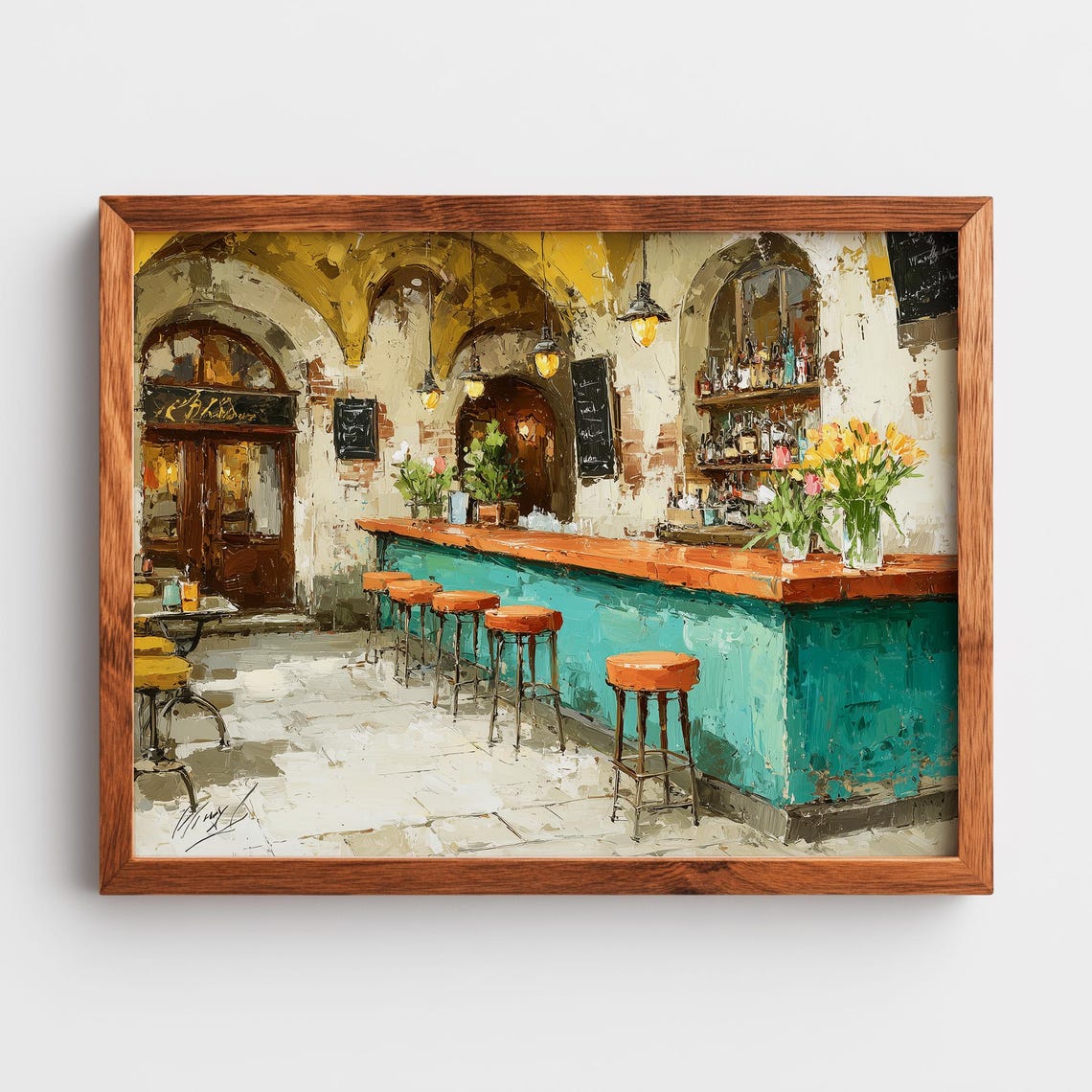 Rustic Old Bar Interior Oil Painting with Turquoise Counter Poster