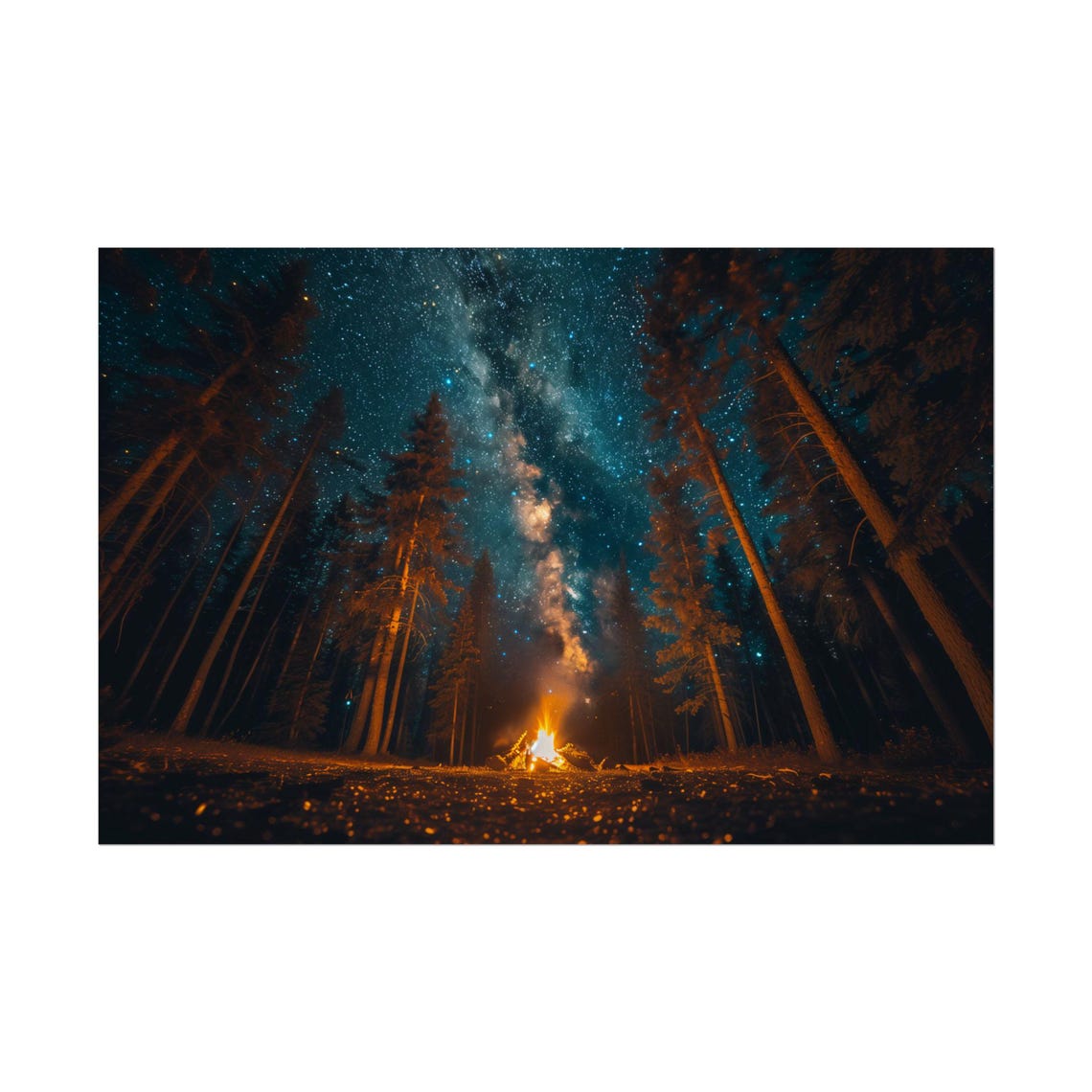 Starry Milky Way Night Pine Forest Campfire Wilderness Sky Poster