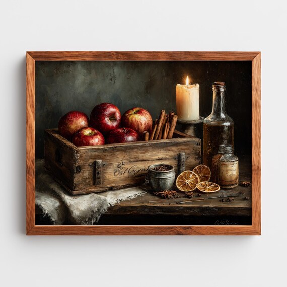 Rustic Still Life With Apples And Candle Vintage Kitchen Wall Art Country Decor Warm Autumn Ambiance Oil Painting 114