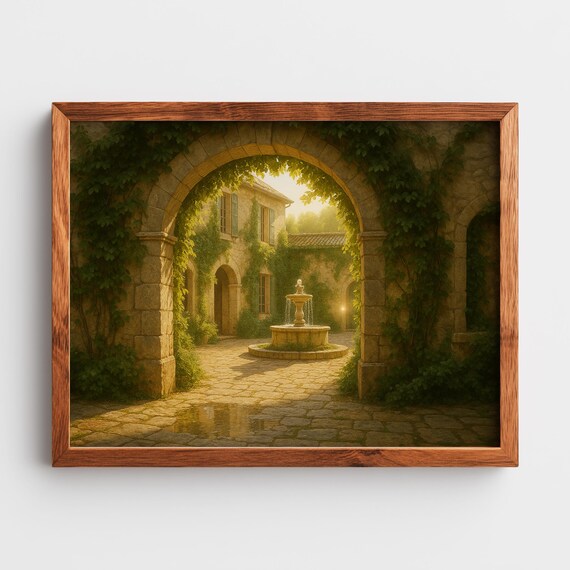 Sunlit Stone Courtyard Poster Ivy Arch Fountain Rustic European Art