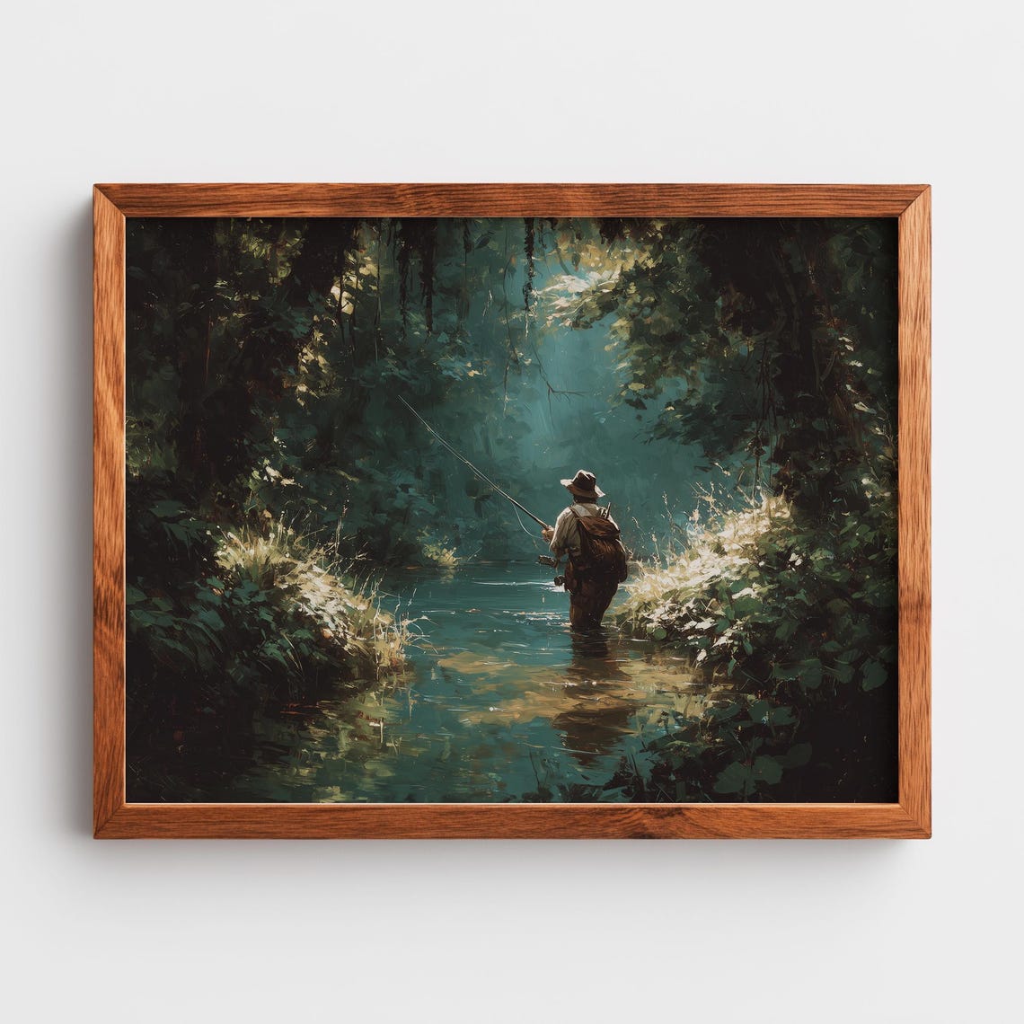 Lone Fly Fisherman in Dark Forest Stream Oil Painting Poster