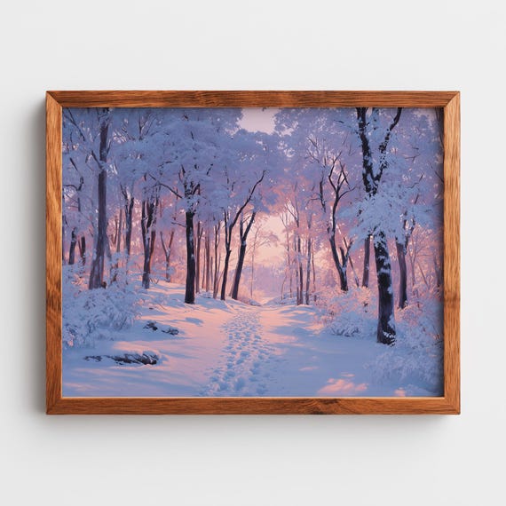 Snowcovered Forest Clearing Painting Serene Winter Morning Rustic Nature Wall Art Calm Sunrise Scene 256