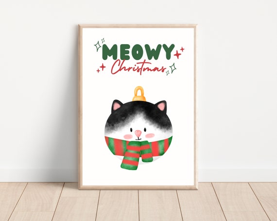 Cute Meowy Christmas Cat, Holiday Wall Art Print