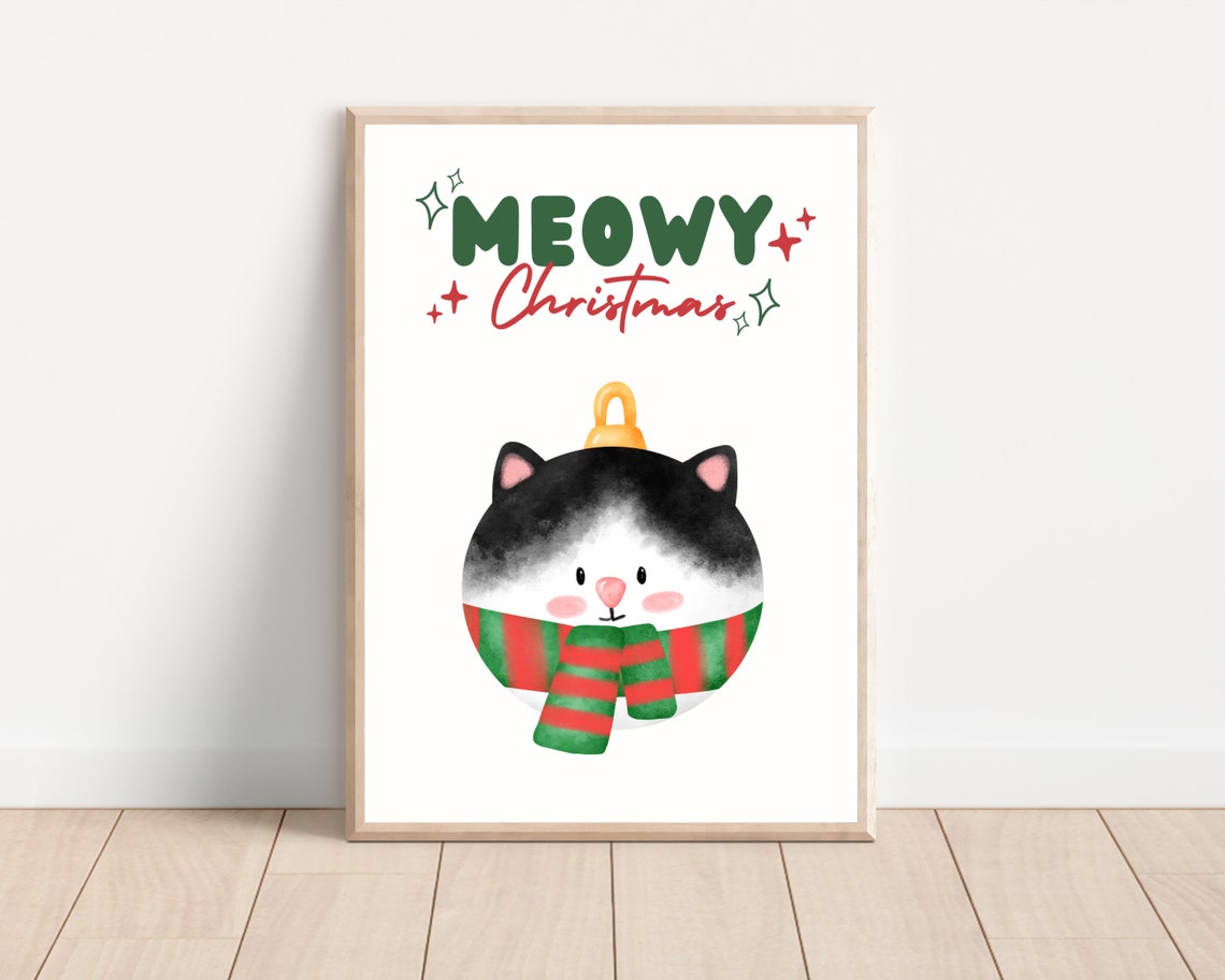Cute Meowy Christmas Cat, Holiday Wall Art Print