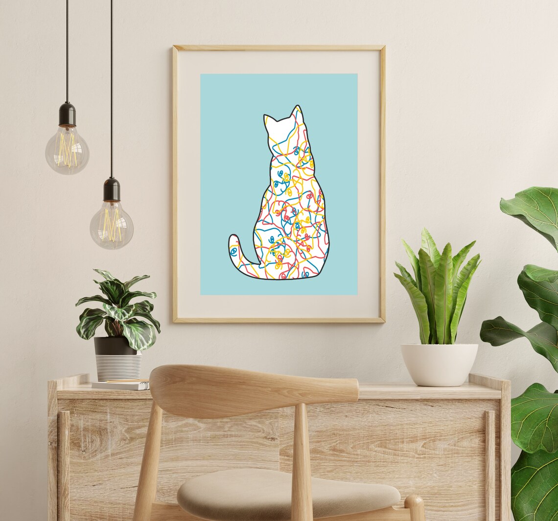 Cat Silhouette Doodle Scribble Colorful Abstract Modern Pet Decor Print - Image 2