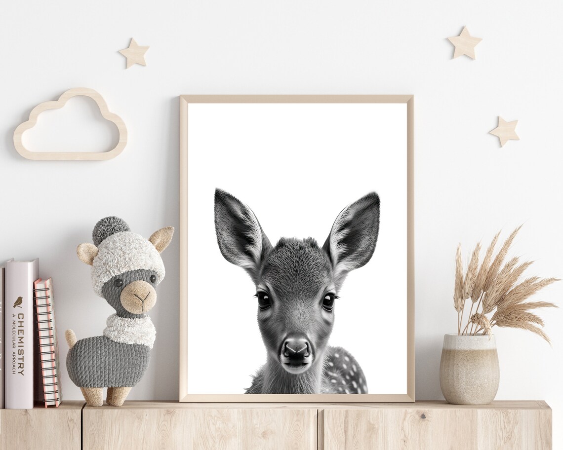 Black And White Baby Deer Fawn Portrait Minimalist Nursery Wall Art - Image 3