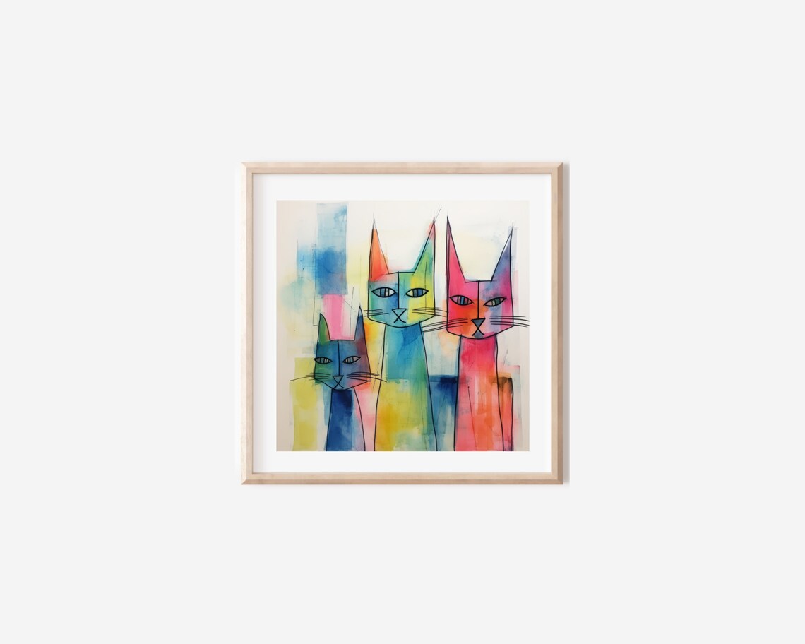 Three Colorful Stylized Watercolor Cats Abstract Feline Poster - Image 4