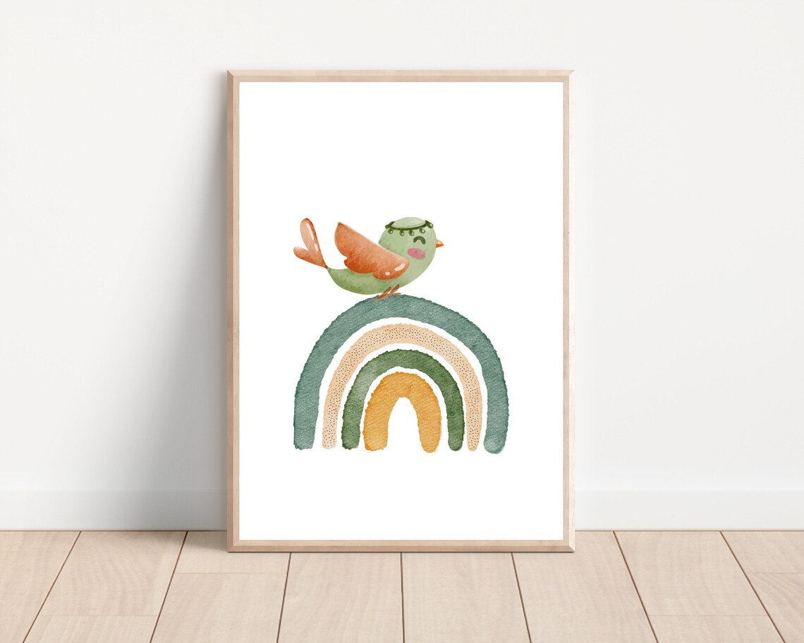 Green Little Bird and Rainbow Nursery Art Print