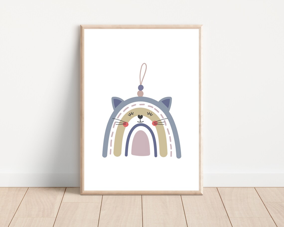 Boho Nursery Rainbow Cat Art Print