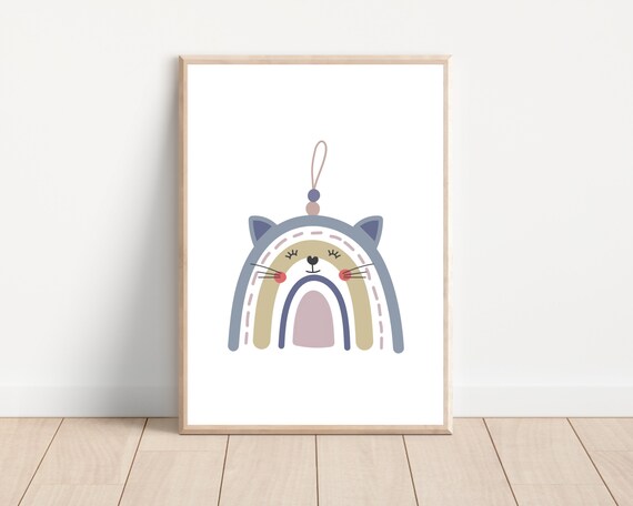 Boho Nursery Rainbow Cat Art Print