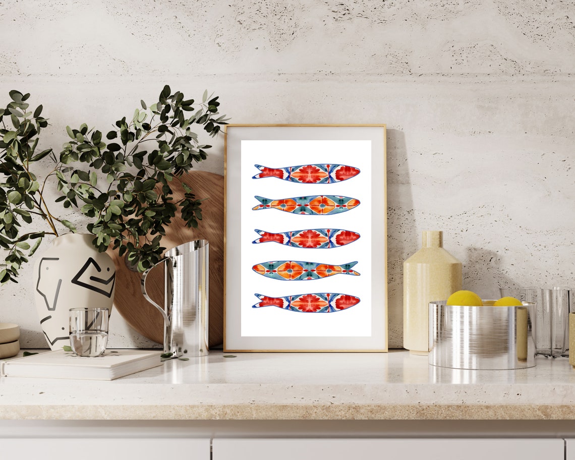 Portuguese Sardine Tile Watercolor Kitchen Art Print - Image 2
